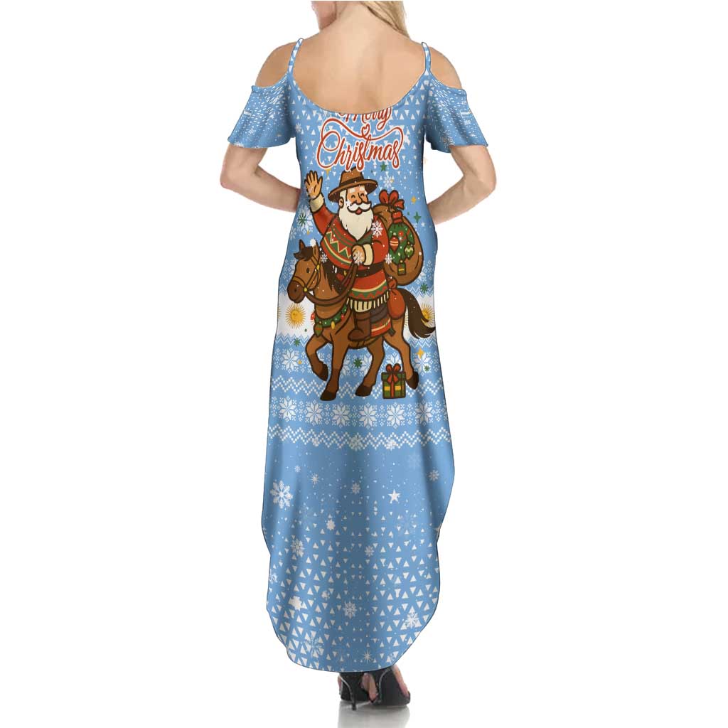 Argentina Christmas Summer Maxi Dress with Blue-White Snowflake Pattern, Sun Emblem, and Gaucho Santa Riding Horse Motif - Wonder Print Shop