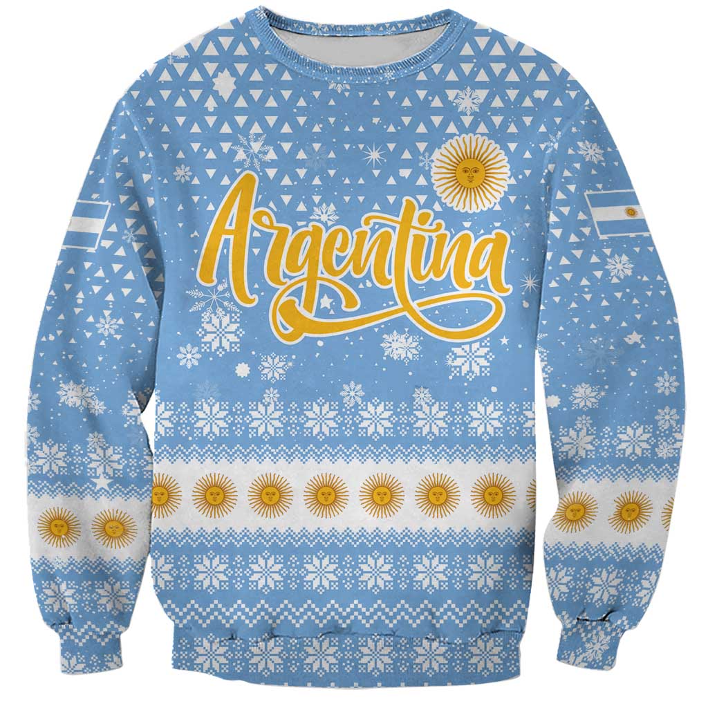 Argentina Christmas Sweatshirt with Blue-White Snowflake Pattern, Sun Emblem, and Gaucho Santa Riding Horse Motif - Wonder Print Shop