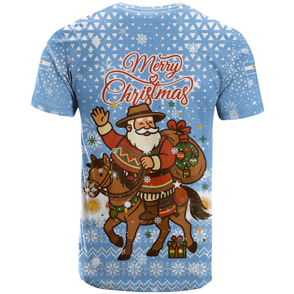 Argentina Christmas T Shirt with Blue-White Snowflake Pattern, Sun Emblem, and Gaucho Santa Riding Horse Motif - Wonder Print Shop