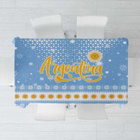 Argentina Christmas Tablecloth with Blue-White Snowflake Pattern, Sun Emblem, and Gaucho Santa Riding Horse Motif - Wonder Print Shop