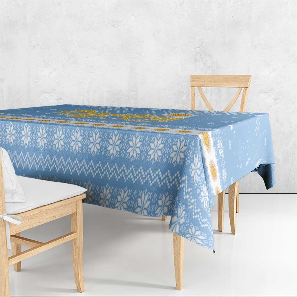 Argentina Christmas Tablecloth with Blue-White Snowflake Pattern, Sun Emblem, and Gaucho Santa Riding Horse Motif - Wonder Print Shop