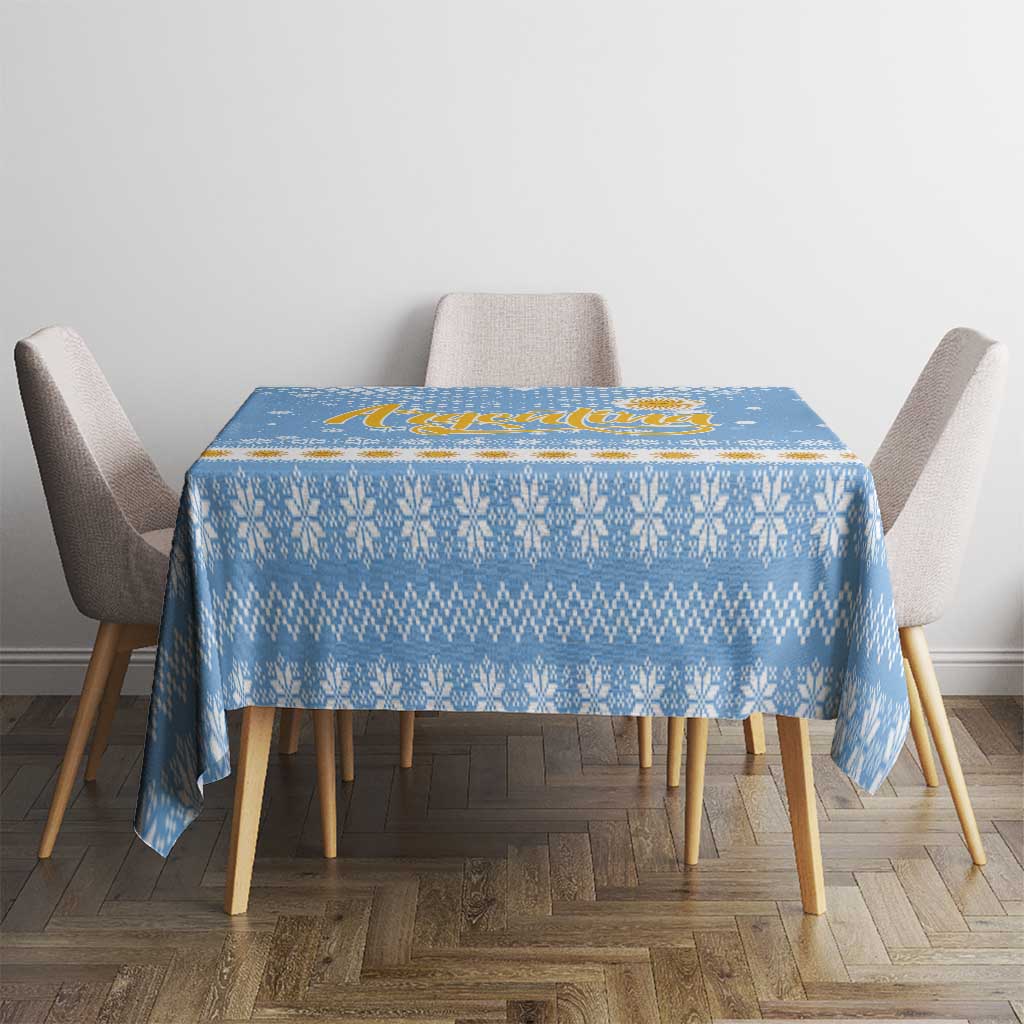 Argentina Christmas Tablecloth with Blue-White Snowflake Pattern, Sun Emblem, and Gaucho Santa Riding Horse Motif - Wonder Print Shop
