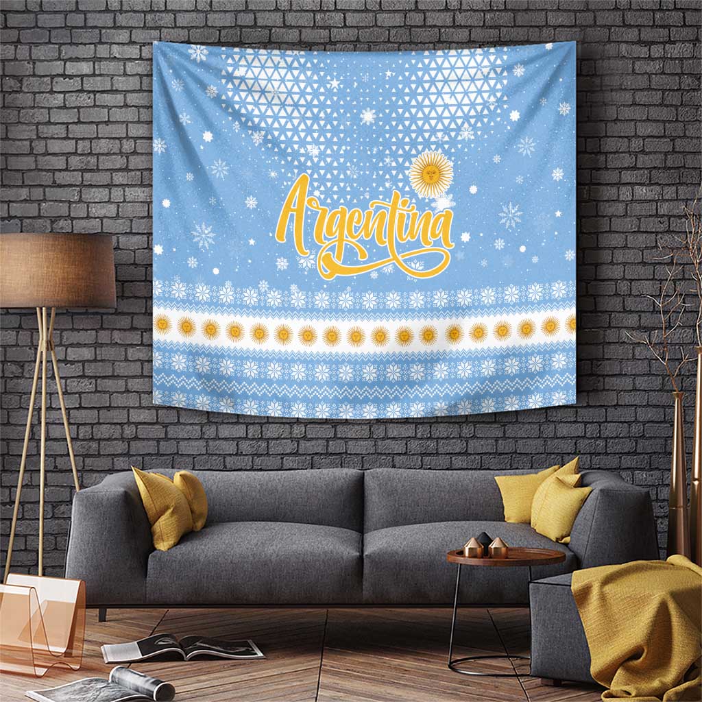 Argentina Christmas Tapestry with Blue-White Snowflake Pattern, Sun Emblem, and Gaucho Santa Riding Horse Motif - Wonder Print Shop