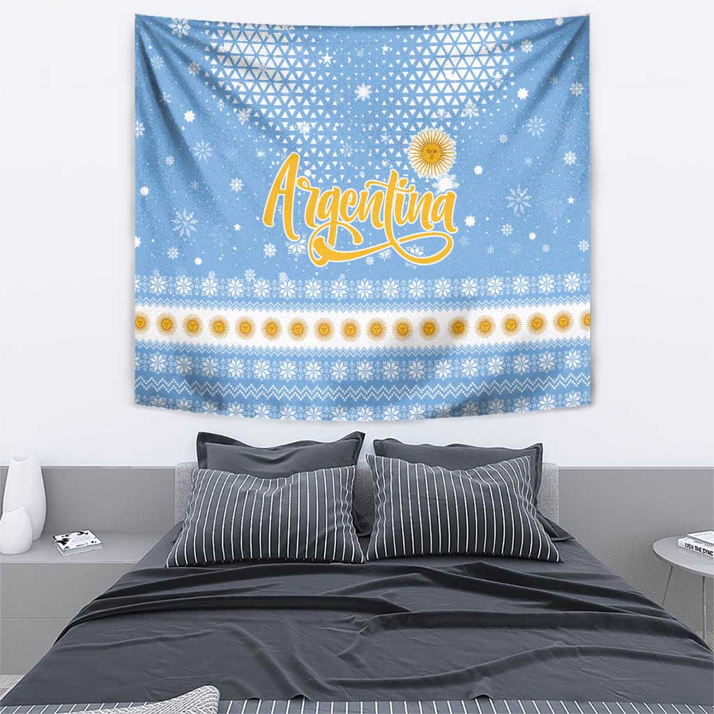 Argentina Christmas Tapestry with Blue-White Snowflake Pattern, Sun Emblem, and Gaucho Santa Riding Horse Motif - Wonder Print Shop