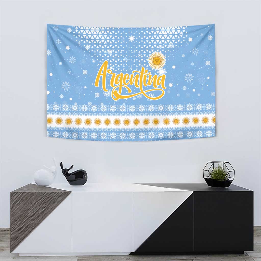 Argentina Christmas Tapestry with Blue-White Snowflake Pattern, Sun Emblem, and Gaucho Santa Riding Horse Motif - Wonder Print Shop