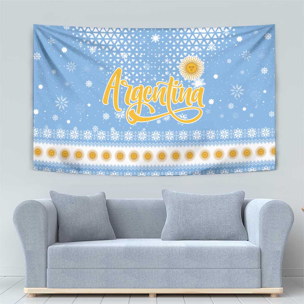 Argentina Christmas Tapestry with Blue-White Snowflake Pattern, Sun Emblem, and Gaucho Santa Riding Horse Motif - Wonder Print Shop