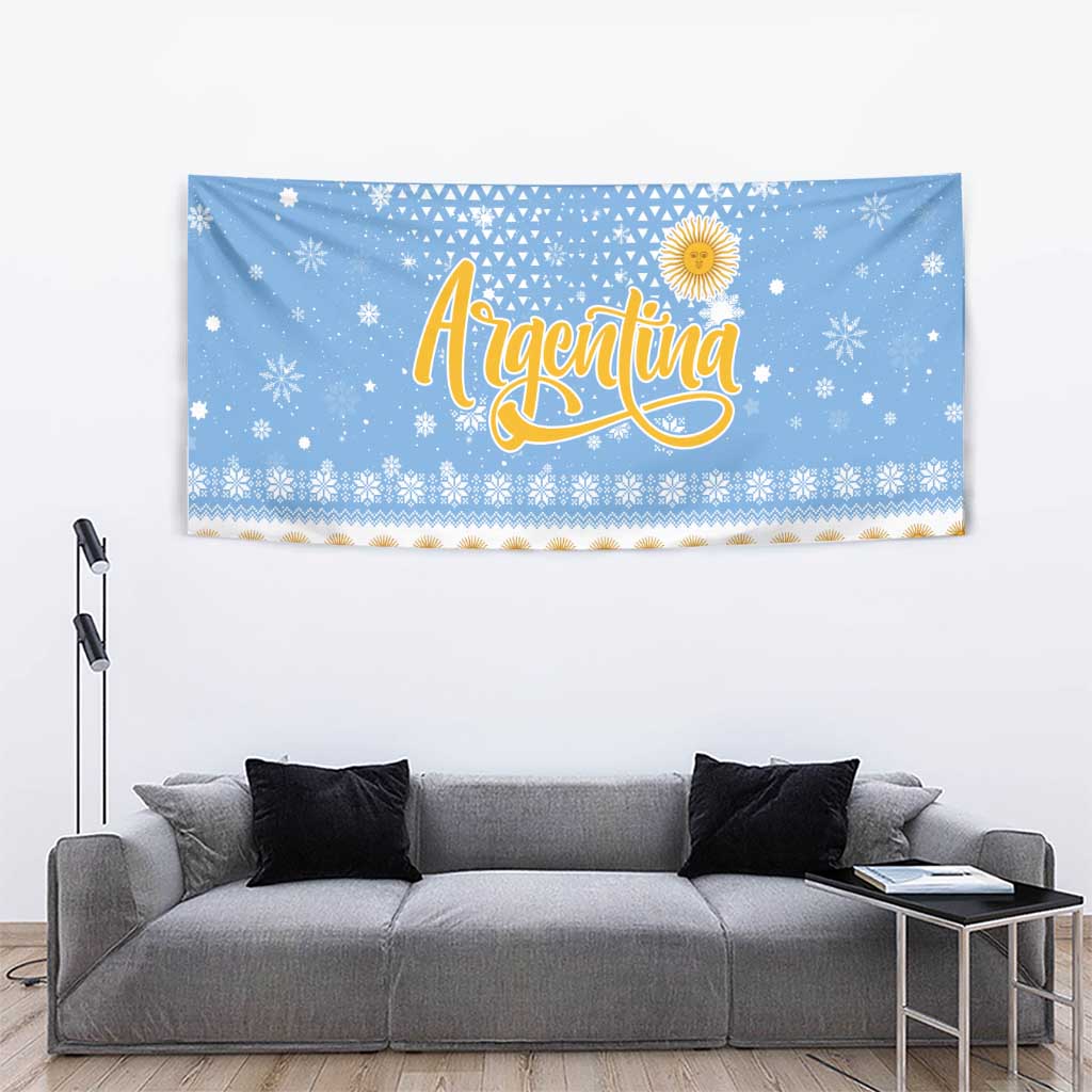 Argentina Christmas Tapestry with Blue-White Snowflake Pattern, Sun Emblem, and Gaucho Santa Riding Horse Motif - Wonder Print Shop