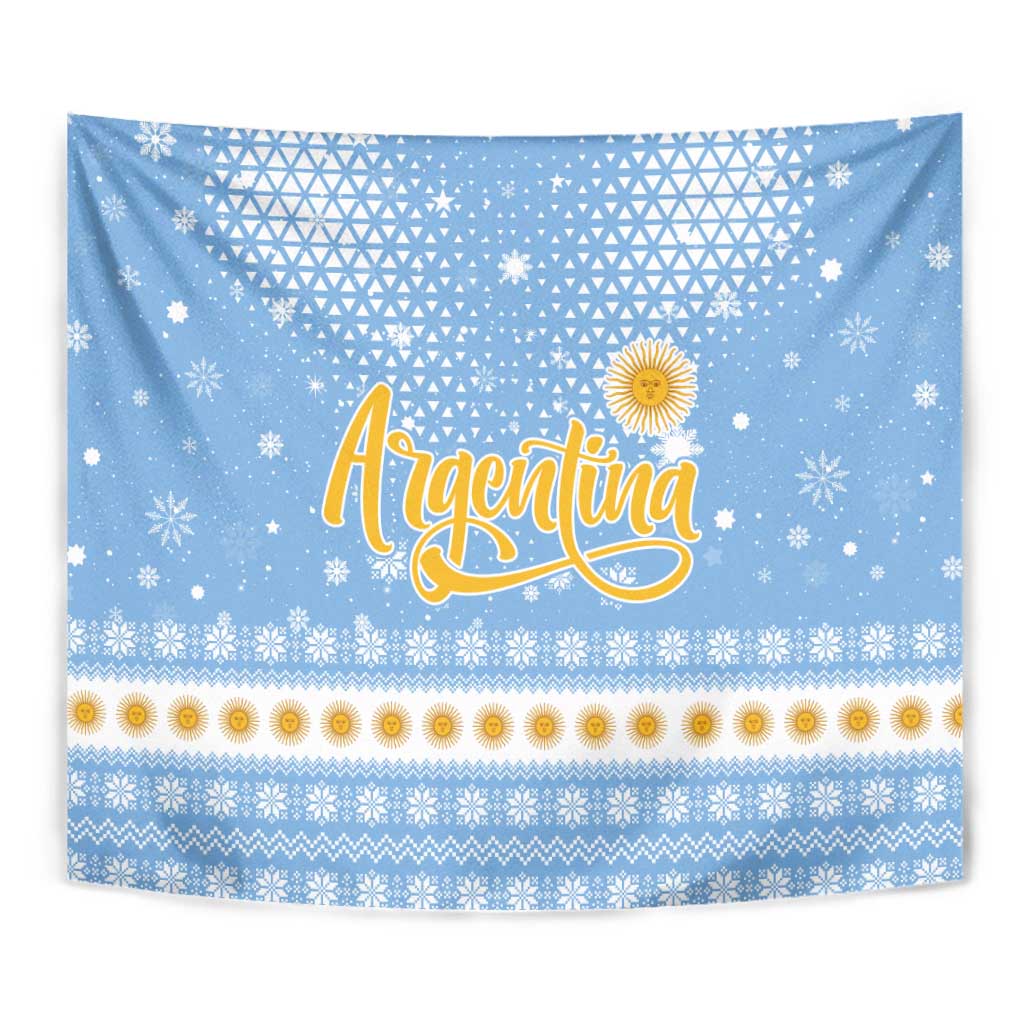Argentina Christmas Tapestry with Blue-White Snowflake Pattern, Sun Emblem, and Gaucho Santa Riding Horse Motif - Wonder Print Shop
