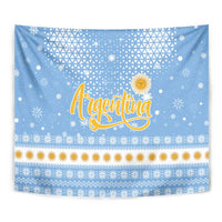 Argentina Christmas Tapestry with Blue-White Snowflake Pattern, Sun Emblem, and Gaucho Santa Riding Horse Motif - Wonder Print Shop