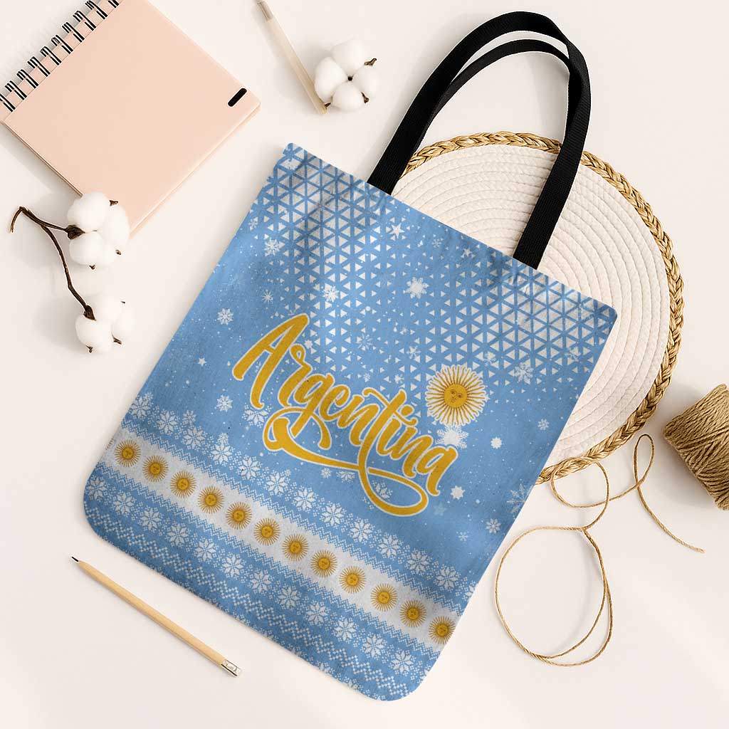 Argentina Christmas Tote Bag with Blue-White Snowflake Pattern, Sun Emblem, and Gaucho Santa Riding Horse Motif - Wonder Print Shop