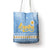 Argentina Christmas Tote Bag with Blue-White Snowflake Pattern, Sun Emblem, and Gaucho Santa Riding Horse Motif - Wonder Print Shop