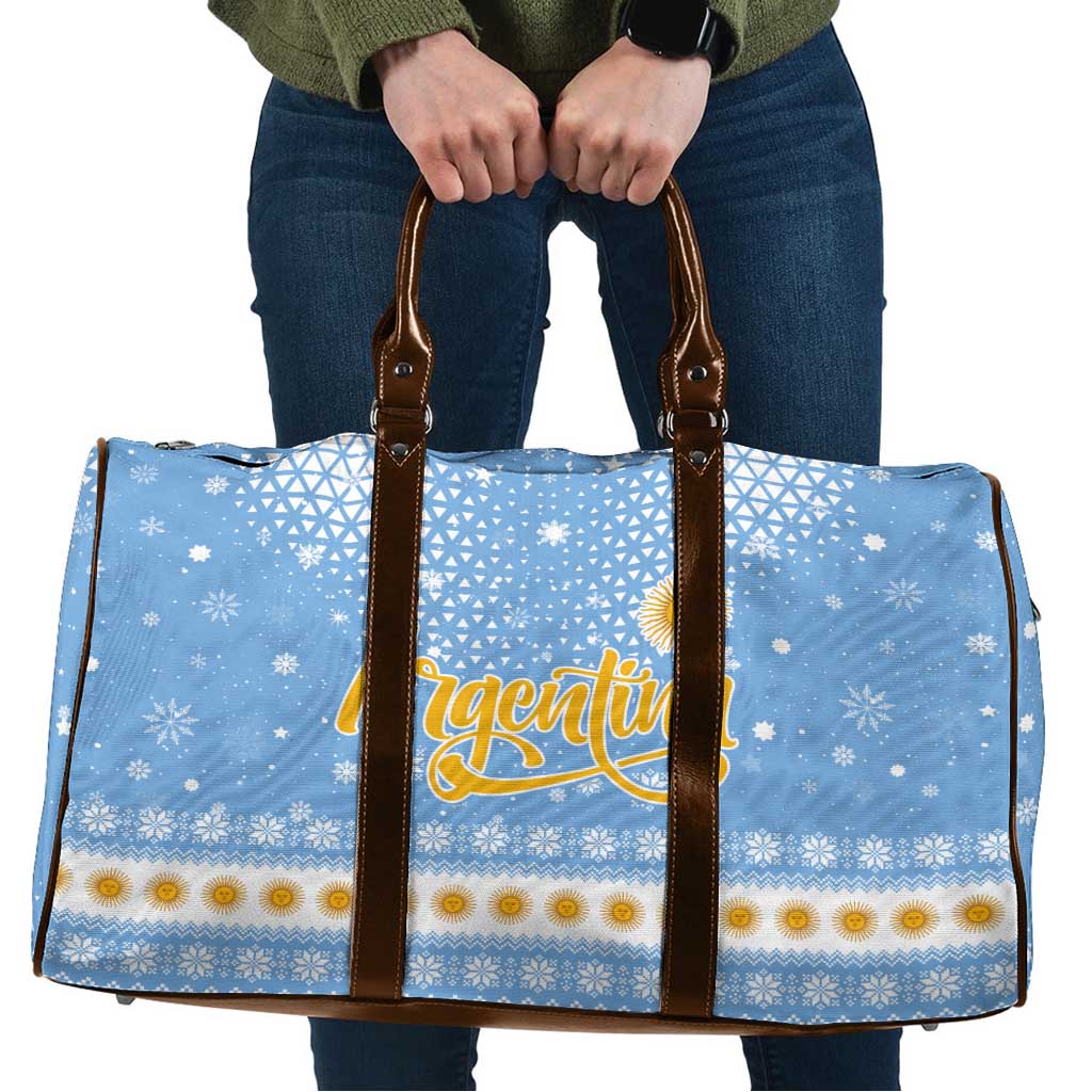 Argentina Christmas Travel Bag with Blue-White Snowflake Pattern, Sun Emblem, and Gaucho Santa Riding Horse Motif - Wonder Print Shop
