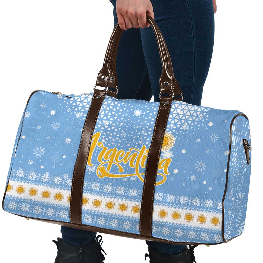 Argentina Christmas Travel Bag with Blue-White Snowflake Pattern, Sun Emblem, and Gaucho Santa Riding Horse Motif - Wonder Print Shop