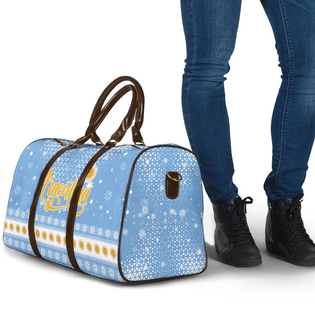 Argentina Christmas Travel Bag with Blue-White Snowflake Pattern, Sun Emblem, and Gaucho Santa Riding Horse Motif - Wonder Print Shop