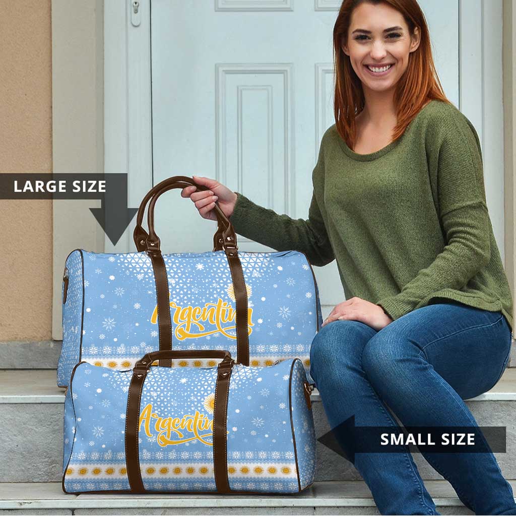 Argentina Christmas Travel Bag with Blue-White Snowflake Pattern, Sun Emblem, and Gaucho Santa Riding Horse Motif - Wonder Print Shop