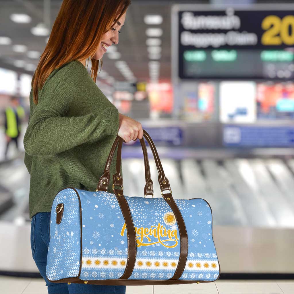 Argentina Christmas Travel Bag with Blue-White Snowflake Pattern, Sun Emblem, and Gaucho Santa Riding Horse Motif - Wonder Print Shop