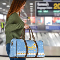Argentina Christmas Travel Bag with Blue-White Snowflake Pattern, Sun Emblem, and Gaucho Santa Riding Horse Motif - Wonder Print Shop