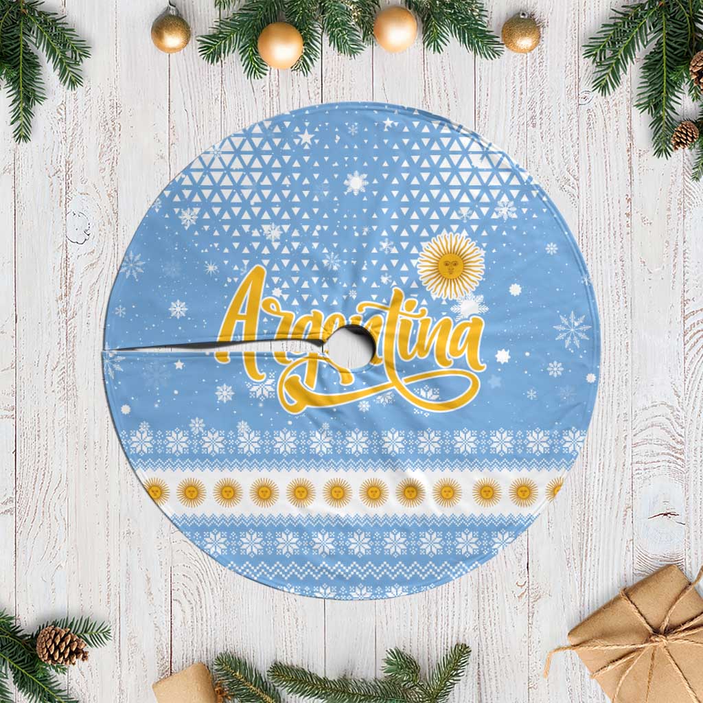 Argentina Christmas Tree Skirt with Blue-White Snowflake Pattern, Sun Emblem, and Gaucho Santa Riding Horse Motif - Wonder Print Shop