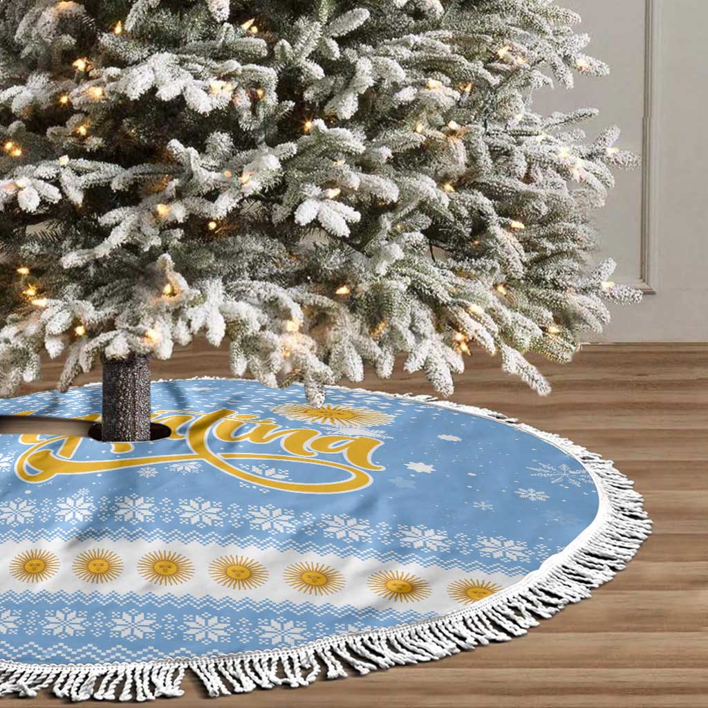 Argentina Christmas Tree Skirt with Blue-White Snowflake Pattern, Sun Emblem, and Gaucho Santa Riding Horse Motif - Wonder Print Shop
