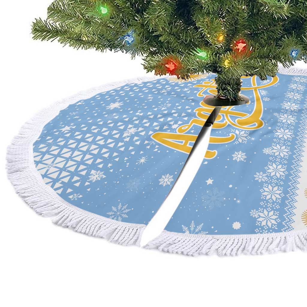 Argentina Christmas Tree Skirt with Blue-White Snowflake Pattern, Sun Emblem, and Gaucho Santa Riding Horse Motif - Wonder Print Shop