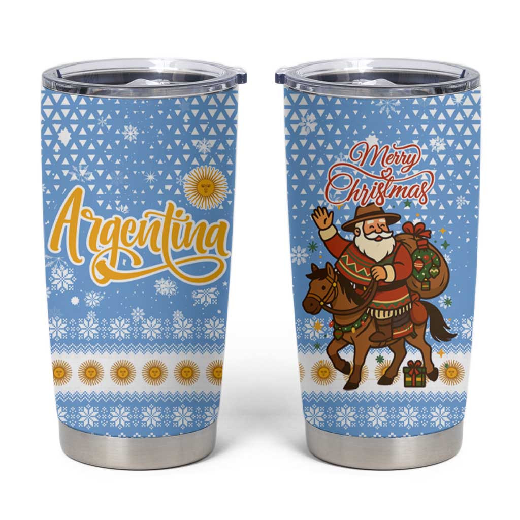 Argentina Christmas Tumbler Cup with Blue-White Snowflake Pattern, Sun Emblem, and Gaucho Santa Riding Horse Motif - Wonder Print Shop