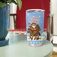 Argentina Christmas Tumbler Cup with Blue-White Snowflake Pattern, Sun Emblem, and Gaucho Santa Riding Horse Motif - Wonder Print Shop