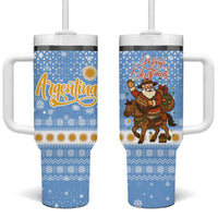 Argentina Christmas Tumbler With Handle with Blue-White Snowflake Pattern, Sun Emblem, and Gaucho Santa Riding Horse Motif - Wonder Print Shop