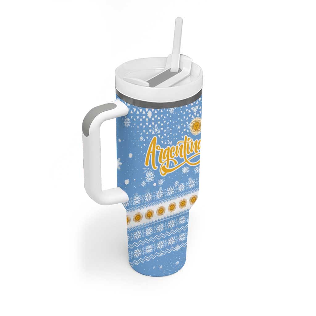 Argentina Christmas Tumbler With Handle with Blue-White Snowflake Pattern, Sun Emblem, and Gaucho Santa Riding Horse Motif - Wonder Print Shop