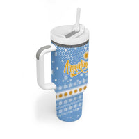 Argentina Christmas Tumbler With Handle with Blue-White Snowflake Pattern, Sun Emblem, and Gaucho Santa Riding Horse Motif - Wonder Print Shop