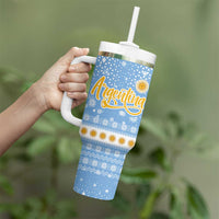 Argentina Christmas Tumbler With Handle with Blue-White Snowflake Pattern, Sun Emblem, and Gaucho Santa Riding Horse Motif - Wonder Print Shop