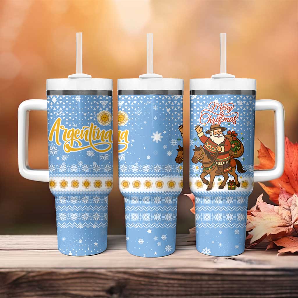 Argentina Christmas Tumbler With Handle with Blue-White Snowflake Pattern, Sun Emblem, and Gaucho Santa Riding Horse Motif - Wonder Print Shop