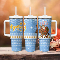 Argentina Christmas Tumbler With Handle with Blue-White Snowflake Pattern, Sun Emblem, and Gaucho Santa Riding Horse Motif - Wonder Print Shop