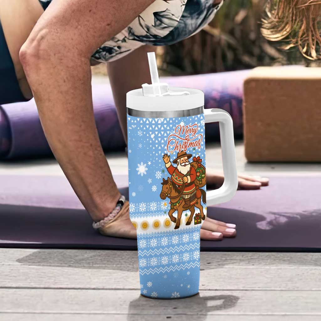 Argentina Christmas Tumbler With Handle with Blue-White Snowflake Pattern, Sun Emblem, and Gaucho Santa Riding Horse Motif - Wonder Print Shop