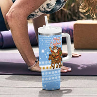 Argentina Christmas Tumbler With Handle with Blue-White Snowflake Pattern, Sun Emblem, and Gaucho Santa Riding Horse Motif - Wonder Print Shop