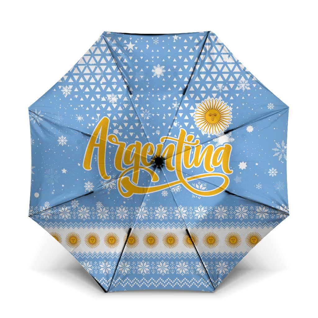 Argentina Christmas Umbrella with Blue-White Snowflake Pattern, Sun Emblem, and Gaucho Santa Riding Horse Motif - Wonder Print Shop
