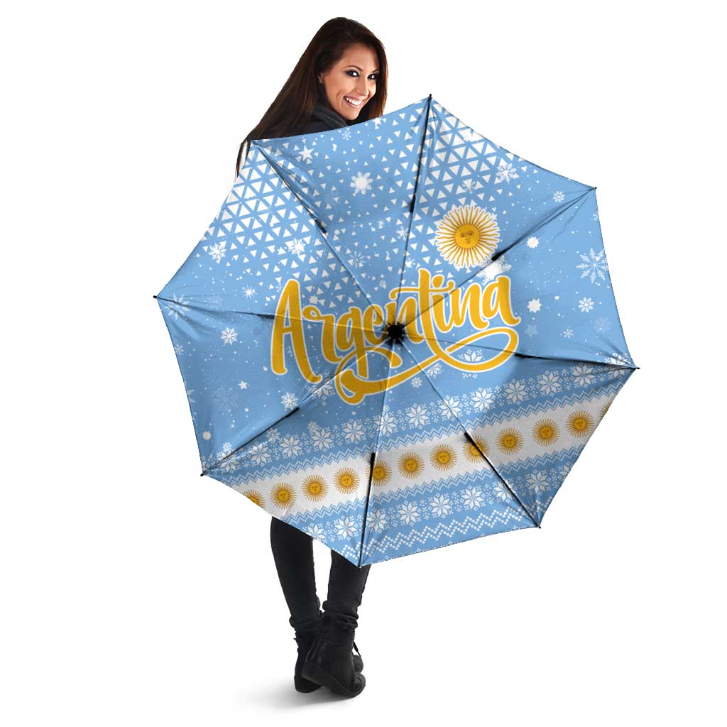 Argentina Christmas Umbrella with Blue-White Snowflake Pattern, Sun Emblem, and Gaucho Santa Riding Horse Motif - Wonder Print Shop