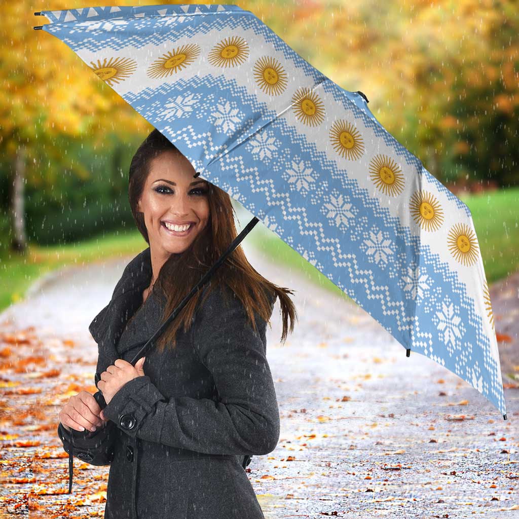 Argentina Christmas Umbrella with Blue-White Snowflake Pattern, Sun Emblem, and Gaucho Santa Riding Horse Motif - Wonder Print Shop