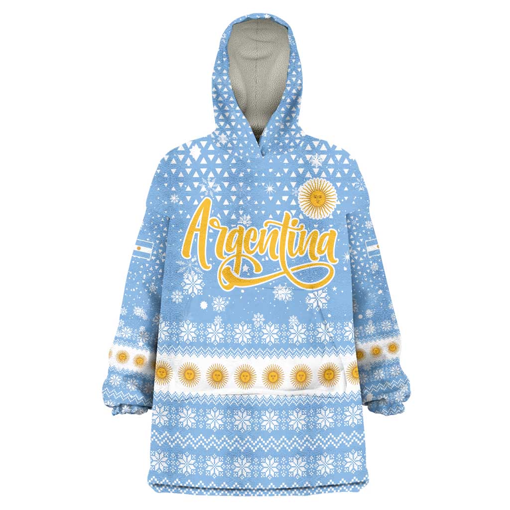 Argentina Christmas Wearable Blanket Hoodie with Blue-White Snowflake Pattern, Sun Emblem, and Gaucho Santa Riding Horse Motif - Wonder Print Shop