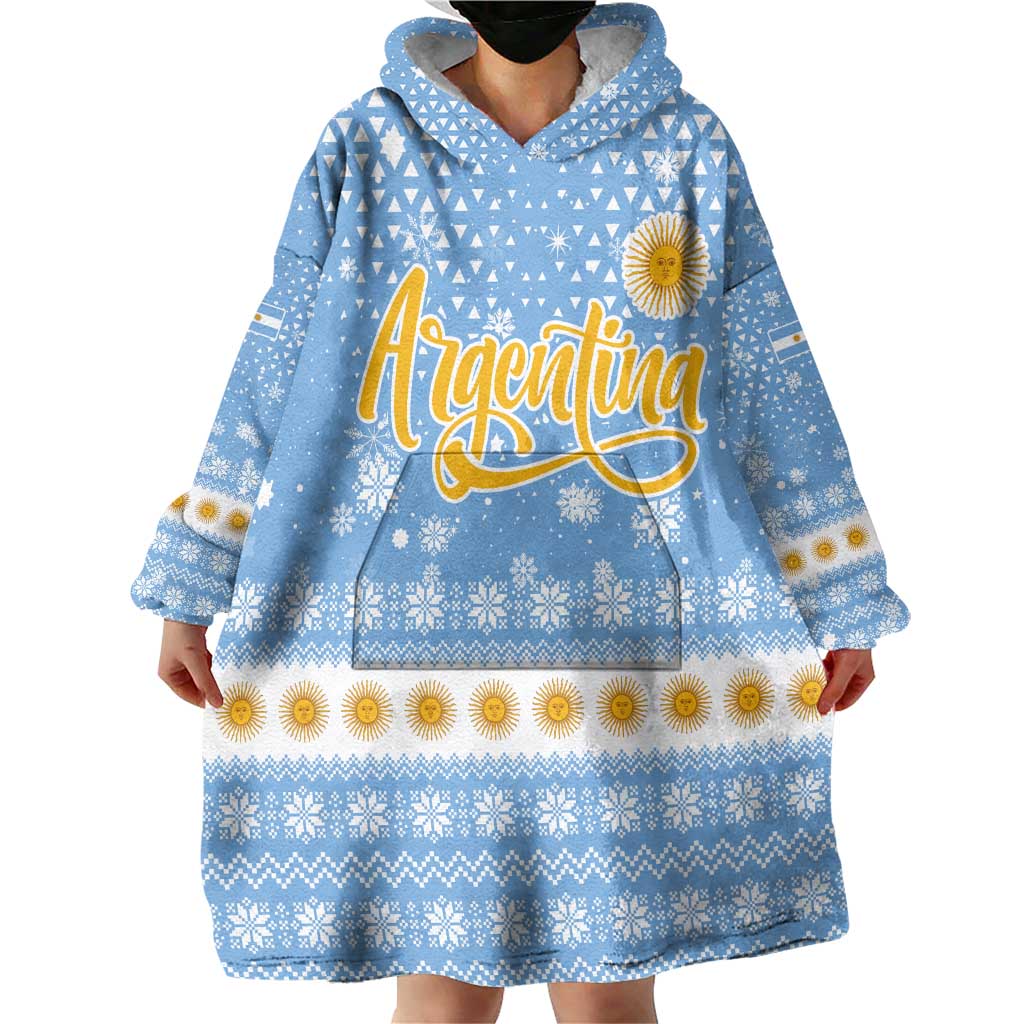 Argentina Christmas Wearable Blanket Hoodie with Blue-White Snowflake Pattern, Sun Emblem, and Gaucho Santa Riding Horse Motif - Wonder Print Shop