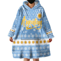 Argentina Christmas Wearable Blanket Hoodie with Blue-White Snowflake Pattern, Sun Emblem, and Gaucho Santa Riding Horse Motif - Wonder Print Shop