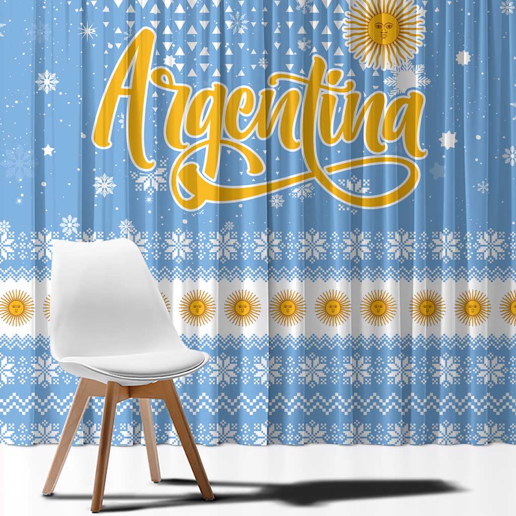 Argentina Christmas Window Curtain with Blue-White Snowflake Pattern, Sun Emblem, and Gaucho Santa Riding Horse Motif - Wonder Print Shop