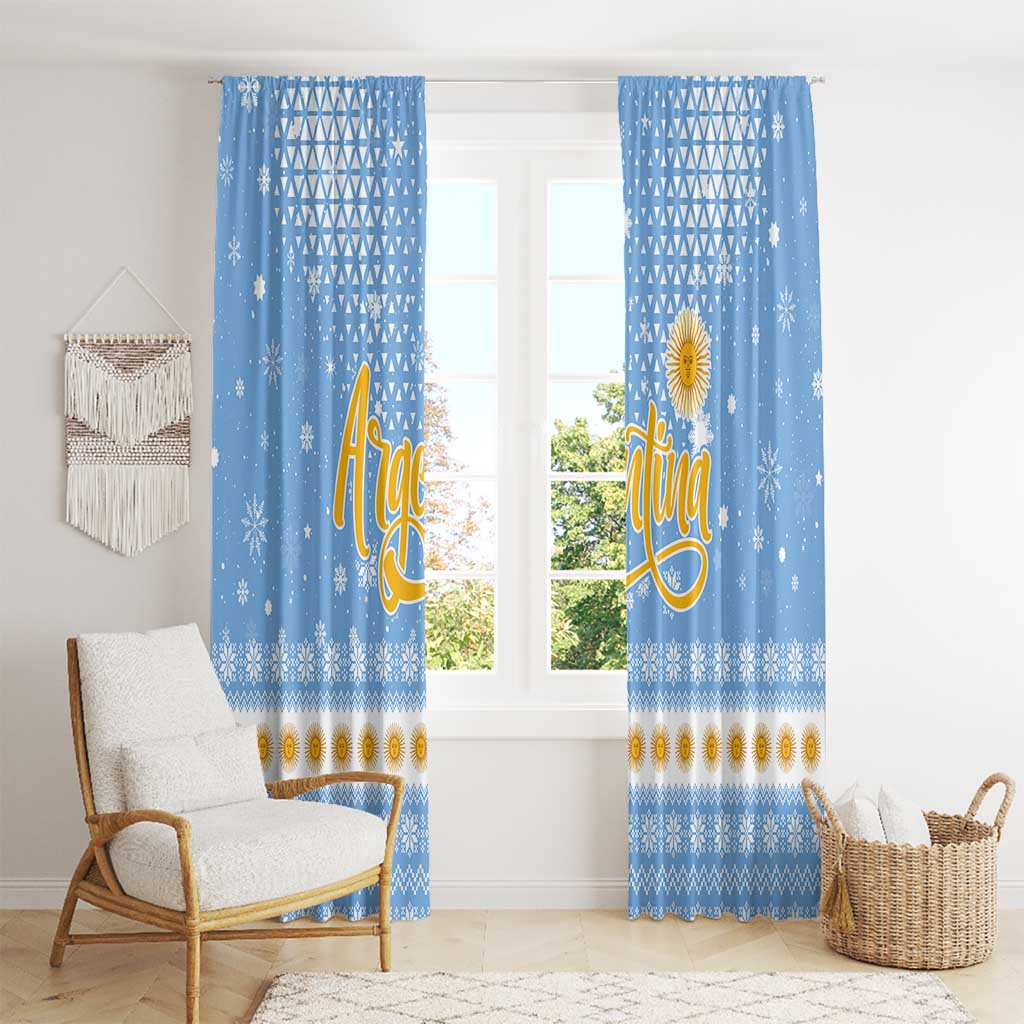 Argentina Christmas Window Curtain with Blue-White Snowflake Pattern, Sun Emblem, and Gaucho Santa Riding Horse Motif - Wonder Print Shop