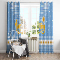 Argentina Christmas Window Curtain with Blue-White Snowflake Pattern, Sun Emblem, and Gaucho Santa Riding Horse Motif - Wonder Print Shop