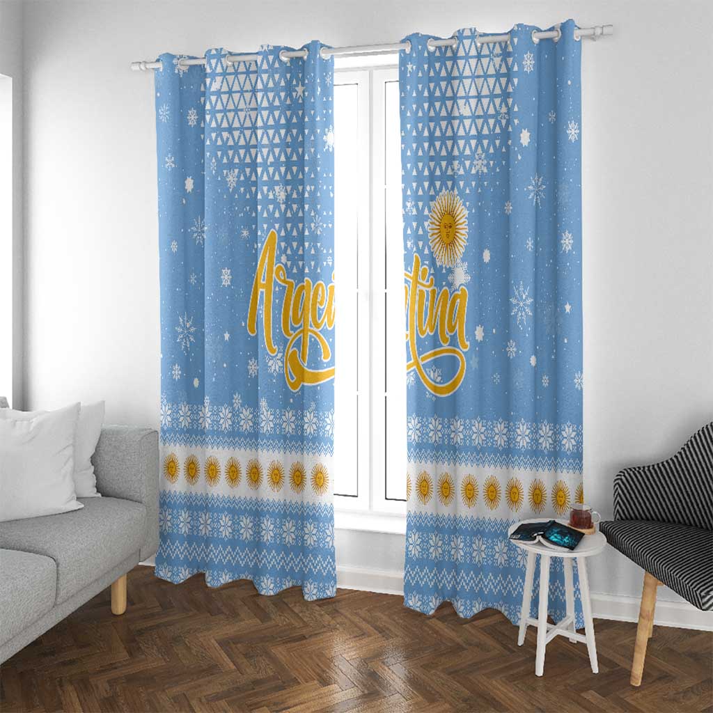 Argentina Christmas Window Curtain with Blue-White Snowflake Pattern, Sun Emblem, and Gaucho Santa Riding Horse Motif - Wonder Print Shop