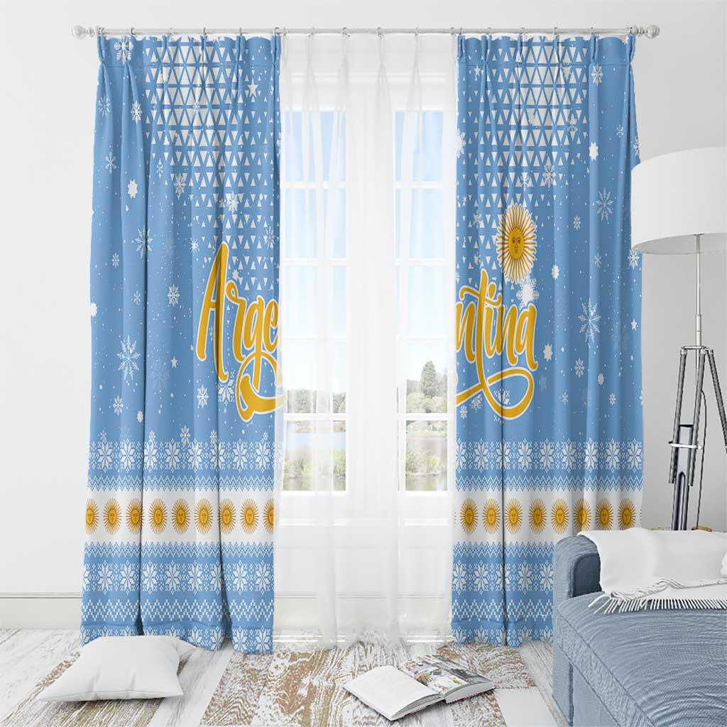 Argentina Christmas Window Curtain with Blue-White Snowflake Pattern, Sun Emblem, and Gaucho Santa Riding Horse Motif - Wonder Print Shop