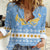 Argentina Christmas Women Casual Shirt with Blue-White Snowflake Pattern, Sun Emblem, and Gaucho Santa Riding Horse Motif - Wonder Print Shop