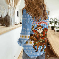 Argentina Christmas Women Casual Shirt with Blue-White Snowflake Pattern, Sun Emblem, and Gaucho Santa Riding Horse Motif - Wonder Print Shop