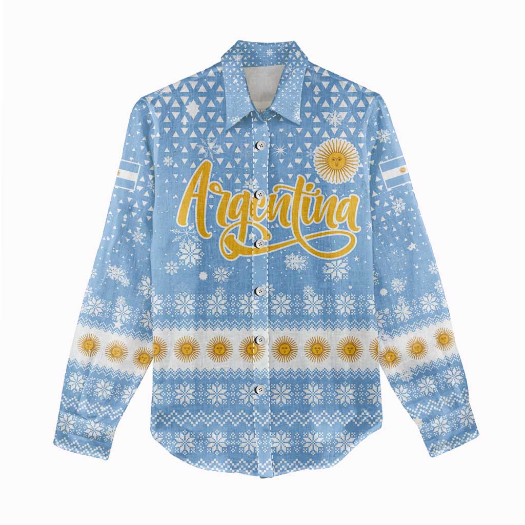 Argentina Christmas Women Casual Shirt with Blue-White Snowflake Pattern, Sun Emblem, and Gaucho Santa Riding Horse Motif - Wonder Print Shop
