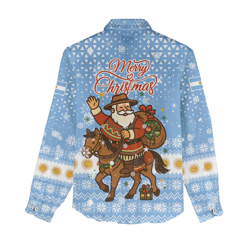 Argentina Christmas Women Casual Shirt with Blue-White Snowflake Pattern, Sun Emblem, and Gaucho Santa Riding Horse Motif - Wonder Print Shop