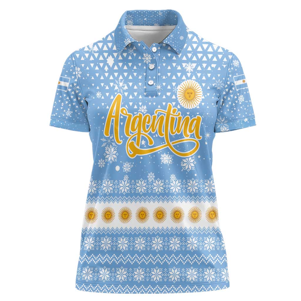 Argentina Christmas Women Polo Shirt with Blue-White Snowflake Pattern, Sun Emblem, and Gaucho Santa Riding Horse Motif - Wonder Print Shop